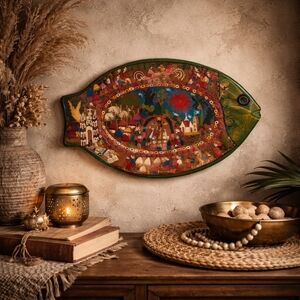 Vintage Hand Painted Folk Art Fish Wall Plaque 14” Religious Crucifixion Scene